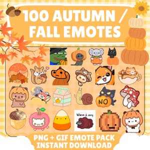 Puede incluir: Una colección digital de 100 emoticonos con temática otoñal que presenta varios personajes, animales e iconos estacionales como calabazas, bellotas, setas y dulces de maíz. El gráfico incluye el texto 100 AUTUMN / FALL EMOTES.