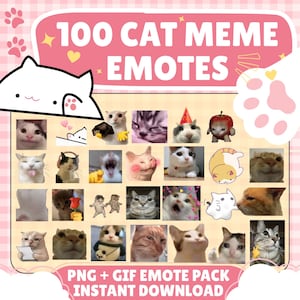 Paket med 100 kattmemes-emotes | Roliga Twitch- och Discord-reaktioner (PNG + GIF direktnedladdning)