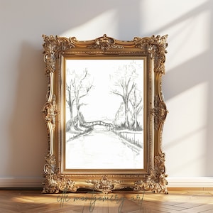 Esboço de ponte sobre água a carvão | Impressão de belas artes