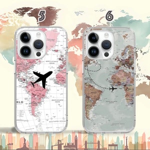 May include: Two clear phone cases with a world map design. One case has a pink map with a black airplane, the other has a beige map with a black airplane. Both cases have a white background.