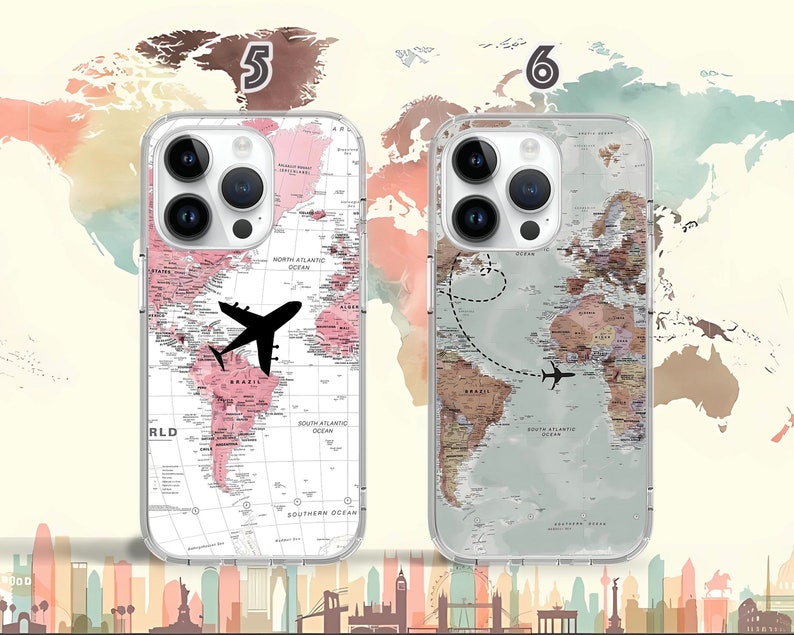 May include: Two clear phone cases with a world map design. One case has a pink map with a black airplane, the other has a beige map with a black airplane. Both cases have a white background.