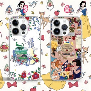 May include: Two clear phone cases with colourful designs. One case features a floral pattern with a princess and an apple. The other case features a floral pattern with a princess and a fairy tale scene. Both cases have a clear back and a black camera housing.