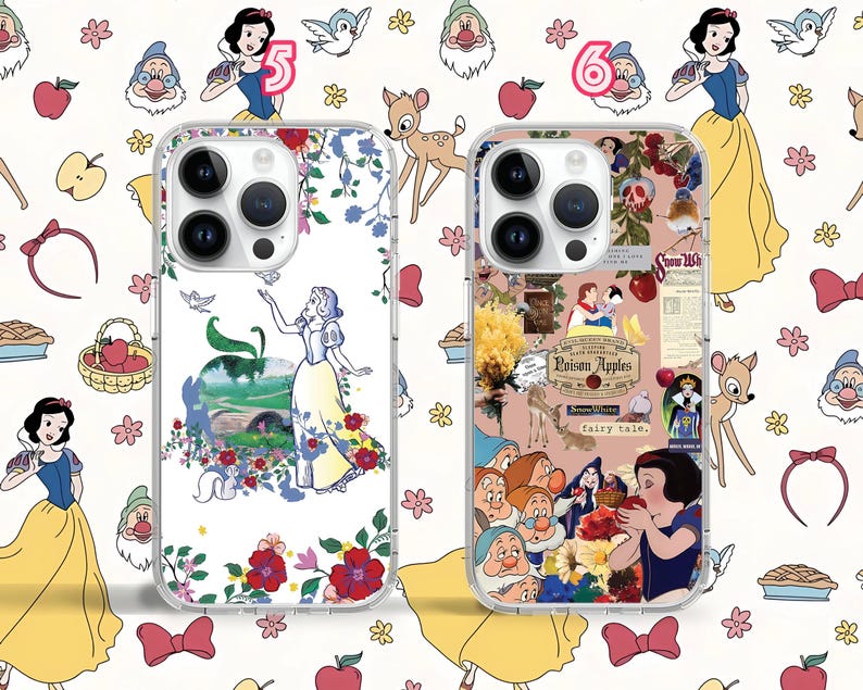 May include: Two clear phone cases with colourful designs. One case features a floral pattern with a princess and an apple. The other case features a floral pattern with a princess and a fairy tale scene. Both cases have a clear back and a black camera housing.