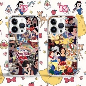 May include: Two clear phone cases featuring a colourful collage of Snow White characters and scenes. The cases have a black camera bump and a white border. The text "Snow White" is visible on one case.