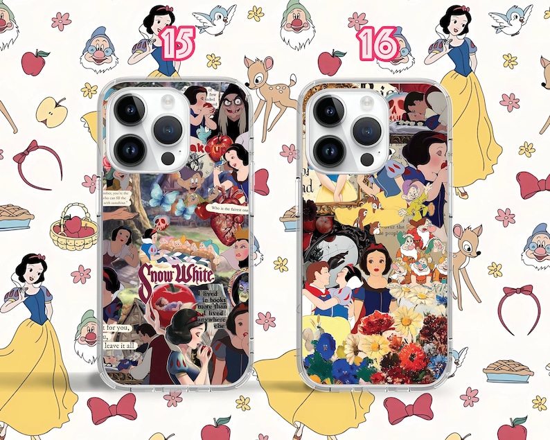 May include: Two clear phone cases featuring a colourful collage of Snow White characters and scenes. The cases have a black camera bump and a white border. The text "Snow White" is visible on one case.