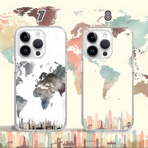 May include: Two clear phone cases with a watercolor world map design. The case on the left has a white wood grain background and the case on the right has a white background. Both cases have a cityscape design at the bottom.