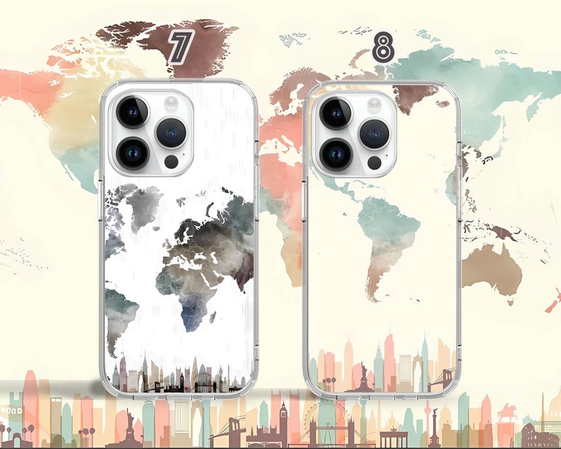 May include: Two clear phone cases with a watercolor world map design. The case on the left has a white wood grain background and the case on the right has a white background. Both cases have a cityscape design at the bottom.