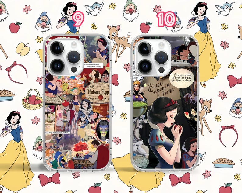 May include: Two clear phone cases with a white border. The left case features a collage of Snow White and the Seven Dwarfs characters. The right case features a close-up of Snow White with the text "Once upon a time".