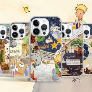 May include: Set of six phone cases featuring a collage of images from The Little Prince book. The cases are clear with a white background and feature images of the Little Prince, the fox, the rose, and the planet. The cases also include quotes from the book, such as "It is only with the heart that one can see rightly" and "What is essential is invisible to the eye."