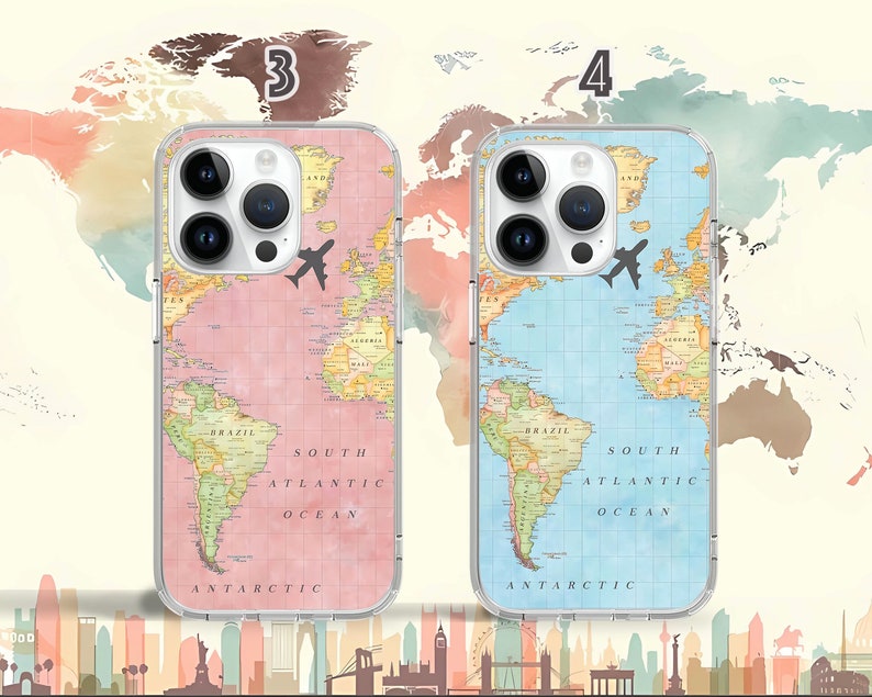 May include: Two clear phone cases with a world map design. The case on the left is pink and the case on the right is blue. Both cases have a small airplane icon in the upper right corner. The text "SOUTH ATLANTIC OCEAN" and "ANTARCTIC" are visible on both cases.