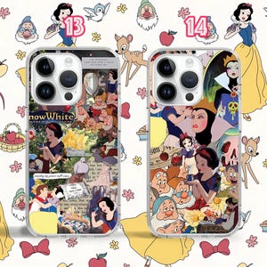 May include: Two clear phone cases with a white background and colourful images of Disney's Snow White and the Seven Dwarfs. The case on the left has the text "Snow White and the Seven Dwarfs" and the case on the right has the text "Snow White".