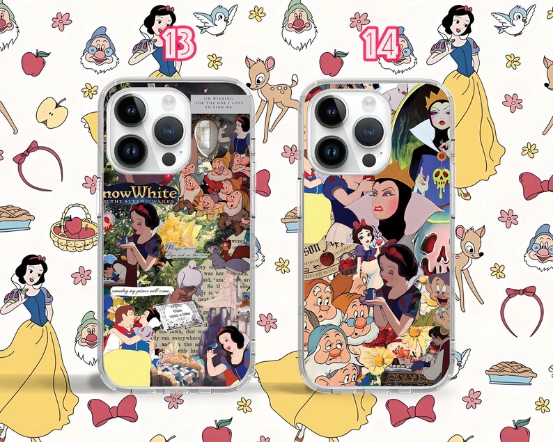 May include: Two clear phone cases with a white background and colourful images of Disney's Snow White and the Seven Dwarfs. The case on the left has the text "Snow White and the Seven Dwarfs" and the case on the right has the text "Snow White".