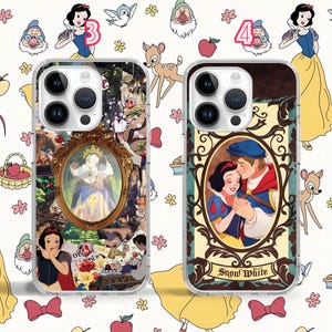 May include: Two clear phone cases with a white background. The case on the left features a collage of images from the Disney film Snow White and the Seven Dwarfs. The case on the right has a single image of Snow White and Prince Charming with the text "Snow White" at the bottom.