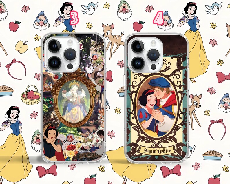 May include: Two clear phone cases with a white background. The case on the left features a collage of images from the Disney film Snow White and the Seven Dwarfs. The case on the right has a single image of Snow White and Prince Charming with the text "Snow White" at the bottom.