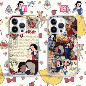 May include: Two phone cases featuring a collage of images from the classic Disney movie Snow White and the Seven Dwarfs. The cases are clear and show the phone's camera lens. The text on the cases reads "Mirror Mirror on the Wall" and "Poison Apple".