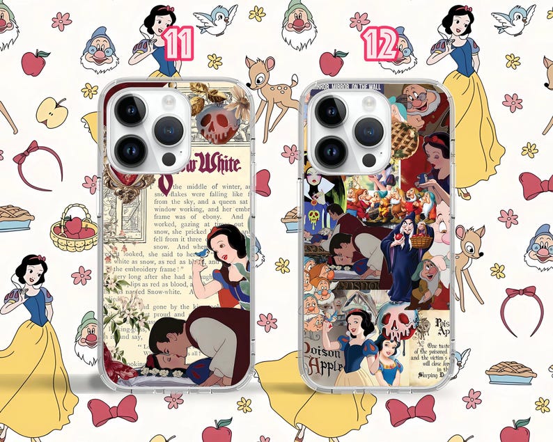 May include: Two phone cases featuring a collage of images from the classic Disney movie Snow White and the Seven Dwarfs. The cases are clear and show the phone's camera lens. The text on the cases reads "Mirror Mirror on the Wall" and "Poison Apple".