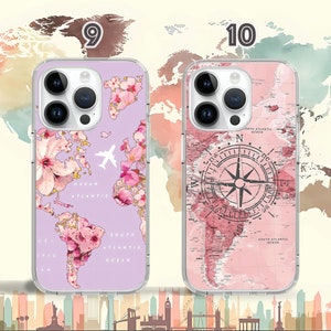 May include: Two phone cases with a world map design. The case on the left has a pink and white floral design with a purple background. The case on the right has a pink and white world map with a compass design.
