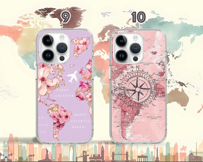 May include: Two phone cases with a world map design. The case on the left has a pink and white floral design with a purple background. The case on the right has a pink and white world map with a compass design.