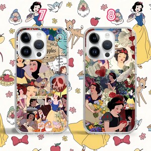 May include: Two clear phone cases featuring a collage of Snow White and the Seven Dwarfs characters, including Snow White, the Evil Queen, and the dwarfs. The cases include a variety of images, such as Snow White's apple, a mirror, and a forest scene. The cases are designed for iPhone 13 Pro Max.