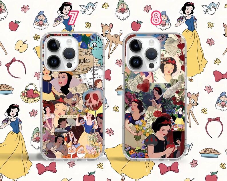 May include: Two clear phone cases featuring a collage of Snow White and the Seven Dwarfs characters, including Snow White, the Evil Queen, and the dwarfs. The cases include a variety of images, such as Snow White's apple, a mirror, and a forest scene. The cases are designed for iPhone 13 Pro Max.
