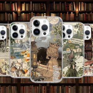 Könnte beinhalten: Fünf Handyhüllen mit verschiedenen Designs, die Vintage-Illustrationen, Text und florale Elemente zeigen. Die Designs beinhalten ein Pilz- und Schmetterlingsmotiv, eine Frau, die ein Buch liest, ein florales Design mit dem Text "She dreams more often than she sleeps", ein florales Design mit dem Text "didn't choose you, my heart did" und ein Design mit einer Frau und einem Schmetterling.