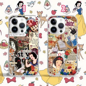 May include: Two clear phone cases featuring a collage of images from the Disney film Snow White and the Seven Dwarfs. The cases include images of Snow White, the dwarfs, and other characters from the film. The text "Once Upon a Time" and "Princess" are visible on the cases.