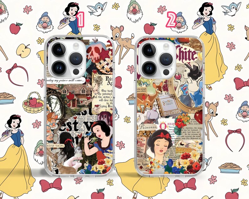 May include: Two clear phone cases featuring a collage of images from the Disney film Snow White and the Seven Dwarfs. The cases include images of Snow White, the dwarfs, and other characters from the film. The text "Once Upon a Time" and "Princess" are visible on the cases.