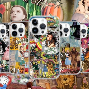 May include: Set of six colourful phone cases featuring a collage of images from the Wizard of Oz film. The cases are made of clear plastic and have a variety of images, including Dorothy, the Wicked Witch, and the Yellow Brick Road. The text "The Wizard of Oz" is featured on the cases.