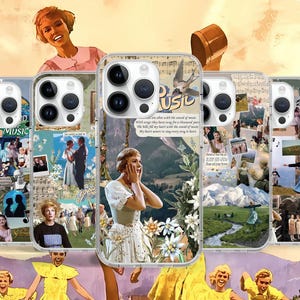 May include: A collage of nine iPhone cases with different designs. The cases feature a variety of images, including a woman singing, a bird flying, a mountain range, and a woman in a forest. The text "Music" appears on one of the cases.