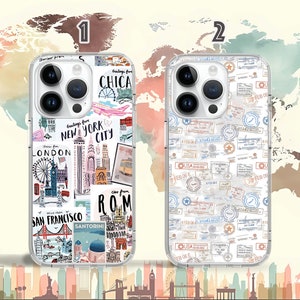 May include: Two clear phone cases with different designs. The first case features a white background with colorful illustrations of landmarks from around the world, including the Eiffel Tower, the Statue of Liberty, and the Colosseum. The second case features a white background with a pattern of colorful stamps and travel stickers.