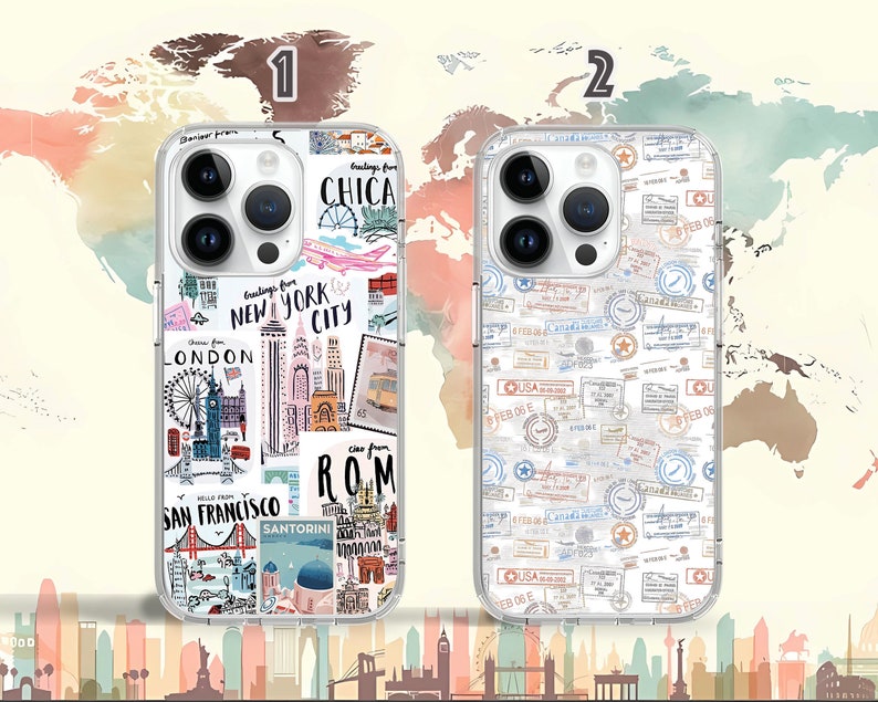 May include: Two clear phone cases with different designs. The first case features a white background with colorful illustrations of landmarks from around the world, including the Eiffel Tower, the Statue of Liberty, and the Colosseum. The second case features a white background with a pattern of colorful stamps and travel stickers.