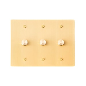 Puede incluir: Una placa de pared de latón cepillado con tres botones redondos blancos y seis tornillos dorados.