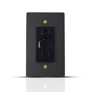 May include: A black electrical outlet with two standard outlets and two USB ports. The outlet is mounted on a black wall plate.