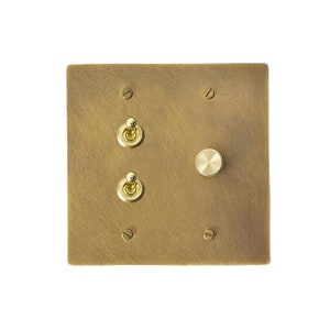 May include: A brass wall plate with two toggle switches and a round knob. The plate has a brushed finish and is mounted on a white background.
