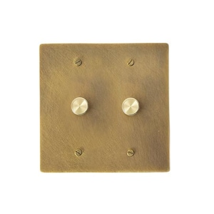 Op de afbeelding: Een dubbele dimmer schakelaarplaat van geborsteld messing met twee ronde knoppen.