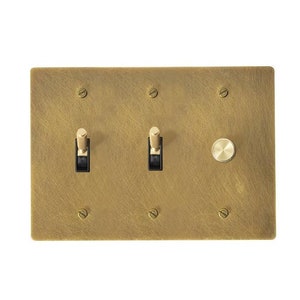 May include: A brass-colored light switch plate with two toggle switches and one rotary dimmer. The plate is rectangular with visible screw heads. The switches have black toggles and are set against a brushed metal finish.