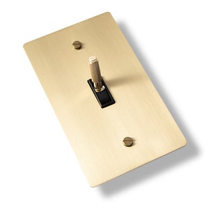 May include: A rectangular, brushed brass light switch plate with a black toggle switch and two brass screws. The toggle switch has a textured, cylindrical design. The plate is angled slightly, casting a shadow on the white background.