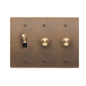 May include: A brown metal wall plate with a single toggle switch and two round knobs. The switch and knobs are gold colored.