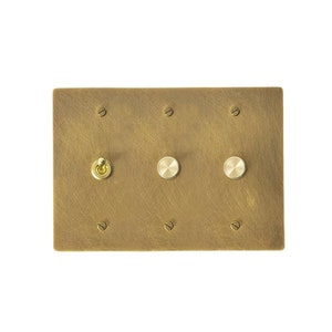 May include: A brass wall plate with three switches, one toggle switch and two rotary switches. The plate has a brushed finish.