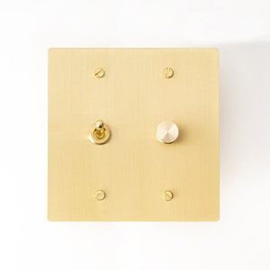 May include: A brass light switch plate with two toggle switches, one round and one rocker style. The plate has four screw holes.