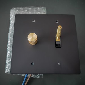 May include: A black electrical wall plate with a gold knob and a gold toggle switch.