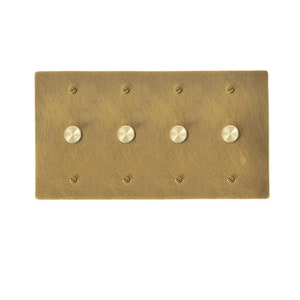 May include: A brushed brass wall plate with four round, brass toggle switches.