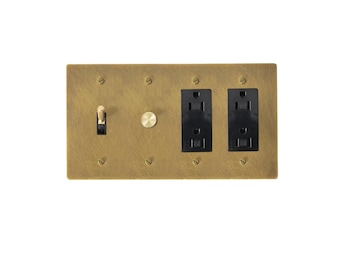 Toggle, dimmer & outlet combo switch plates  - Aged brass finish