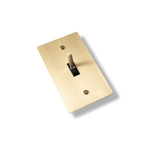May include: A brushed brass light switch with a black toggle and a brass knob. The switch is mounted on a square brass plate.