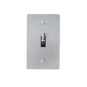 May include: A brushed silver toggle light switch with a black toggle and silver screws. The switch plate is rectangular and mounted on a white background. The toggle is in the on position.