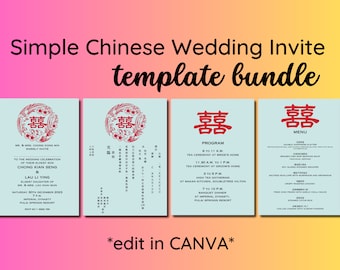 Eenvoudige Chinese bruiloft uitnodiging sjabloonbundel - digitale afdrukbare Chinese bruiloft uitnodigingskaart programma en menubladen - bewerkbare CANVA