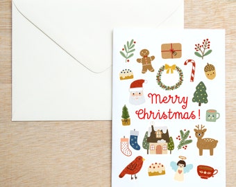 Afdrukbare kerstkaart - Leuke Kawaii kerstkaart met GRATIS cadeaulabelset - Direct downloaden