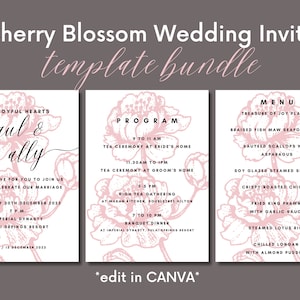 Pacote de modelo de convite de casamento em flor de cerejeira - Programa de cartão de convite de casamento chinês para impressão digital e folhas de menu - CANVA editável