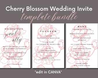 Cherry Blossom Wedding Invite Template Bundle - Digital Printable Chinese Wedding Invitation Card Program and Menu Sheets - Editable CANVA