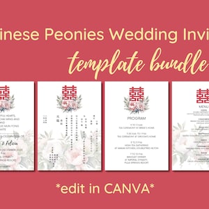 Pacote de modelo de convite de casamento de peônias chinesas - Programa de cartão de convite de casamento chinês para impressão digital e folhas de menu - CANVA editável